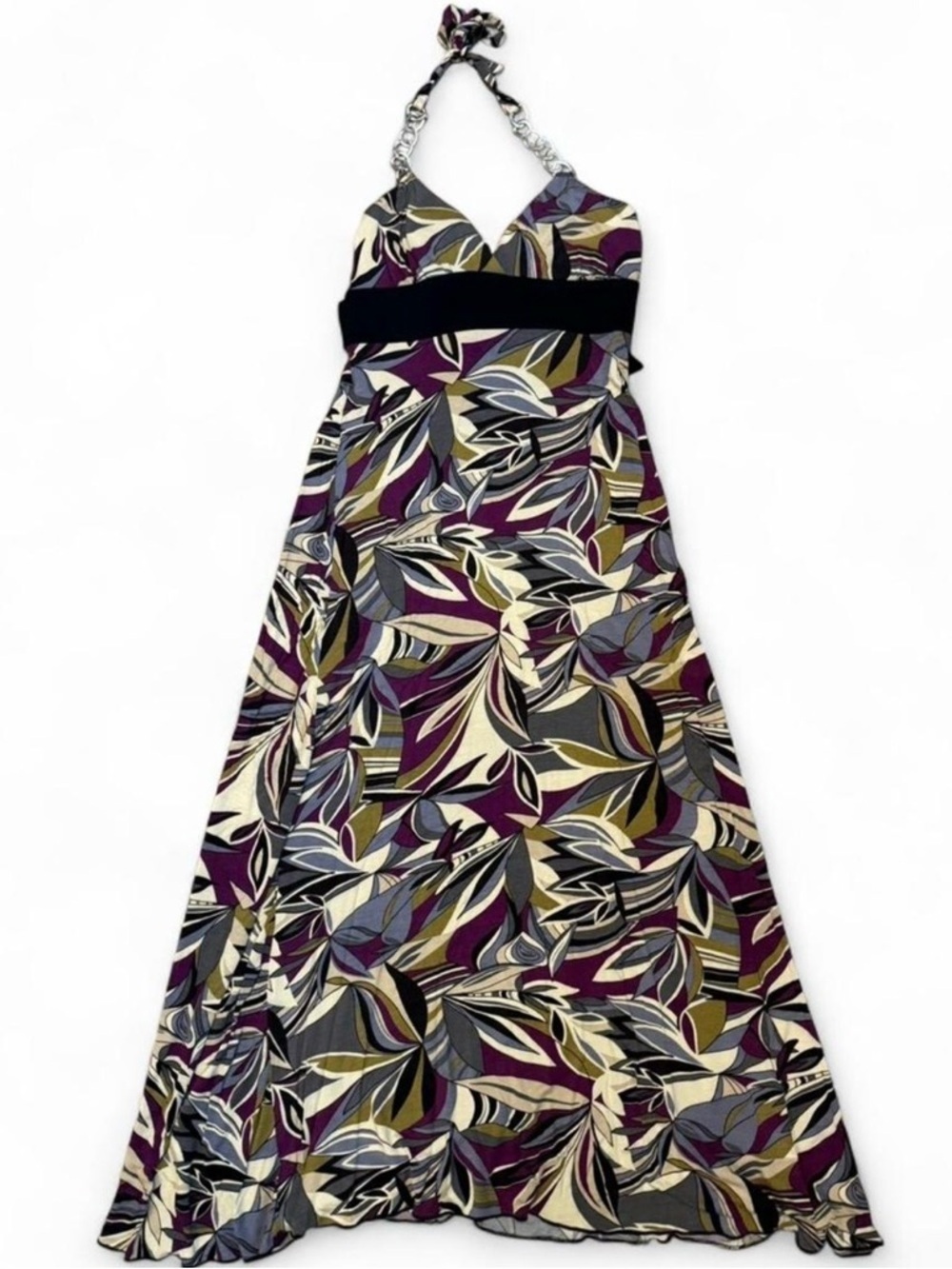 Speechless Y2K Leaf Print Tropical Halter-Neck Maxi Dress with Tie-Back Design